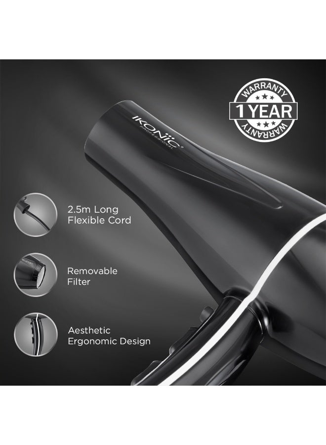 أي كونيك مجفف شعر إيكونيك بروفيشنال برو 2100+، أسود، بقوة 2000 واط، محرك قوي، 3 إعدادات حرارة و2 إعدادات سرعة مع زر هواء بارد، وظيفة تشغيل منخفض الضوضاء، فوهتان قابلتان للتبديل، حماية من ارتفاع درجة الحرارة، سلك بطول 10 أقدام، مناسب للنساء والرجال، لجميع أنواع الشعر - Image 5